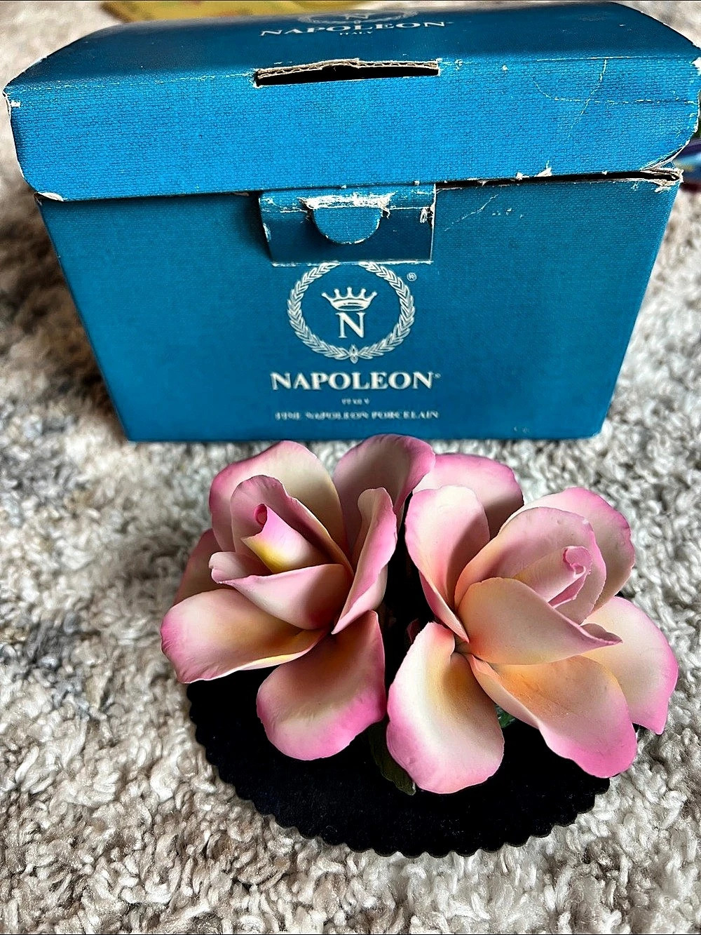 Napoleon Capodimonte Porcelain Rose Figurine Pink & Blue